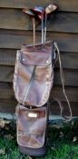 Large leather oval golf bag - c/w travel hood, large side pocket and shoulder strap - some stitching