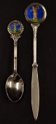 Matching Golf Enamel letter opener and tea spoon (2) - silver plate with enamel golfing finials both