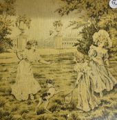 Badminton Tapestry depicting children playing with rackets and shuttlecock accompanied by dog within