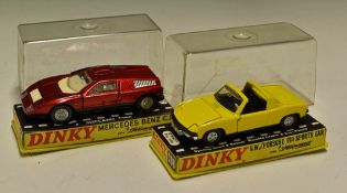 Dinky Toys Diecast Models 208 Porsche 914 Sports Car in yellow, plus 224 Mercedes Benz C.III in red,