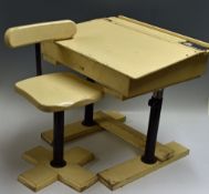 Vintage Tri-ang Childs Writing Desk and Chair in white with adjustable metal supports, desk measures