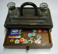 Inkwell Set with drawer below, handle to centre and two glass inkwells, plus a selection of Youth