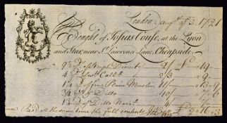 Bought of Josias Course At The Lyon And Star Near St. Lawrence Lane, Cheapside, London 1721