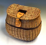 Fishing Creel - large bulbous wicker fishing creel with canvas and leather shoulder strap,