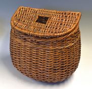 Fishing Creel - large bulbous light stained wicker fishing creel with hinged lid, adjustable canvass
