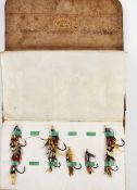 Good Victorian Farlow London leather fly wallet and gut eyed salmon flies - c/w parchment pages