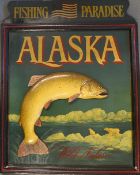 Alaska - Fishing Advertising Wooden Decorative Display Sign - with a leaping Salmon - with makers