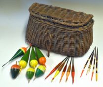 Early Fishing Creel and collection of large live bait and other traditional cork floats - good