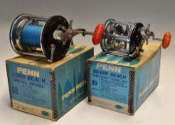 2x Vintage Penn Saltwater Fishing Reels - Penn Long Beach 68 and Silver Beach 99 both with steel