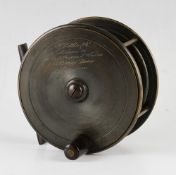 Fine G Little & Co London large bronzed brass salmon fly reel c.1875- 4.5