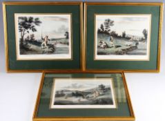 Fishing Engravings (3): Hand coloured amusing early fishing scenes with Latin inscriptions - publ'