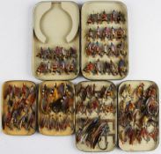 3x various Malloch Perth Black Japanned clip fly tins - containing 65x gut eyed salmon flies incl