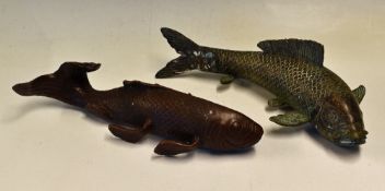 2x Cold Bronze Carp - fine bronze sculptor of the Carp in mid-swim great attention to details in