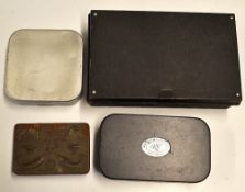 Lures, Flies and Cast Tins (4) to incl a good black japanned bait and cast tin with hinged lid to