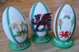3x Welsh Decorated Ornamental Ceramic Rugby Balls: 7