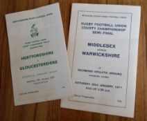 2x County Championship Rugby Programmes: Hertfordshire v Gloucestershire Quarter Final, 1976 (
