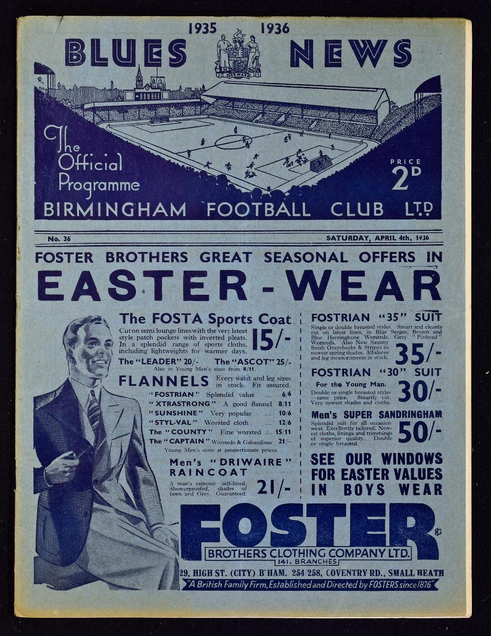 Pre-War 1935/1936 Birmingham City v Preston NE football programme 4 April 1936. Good.