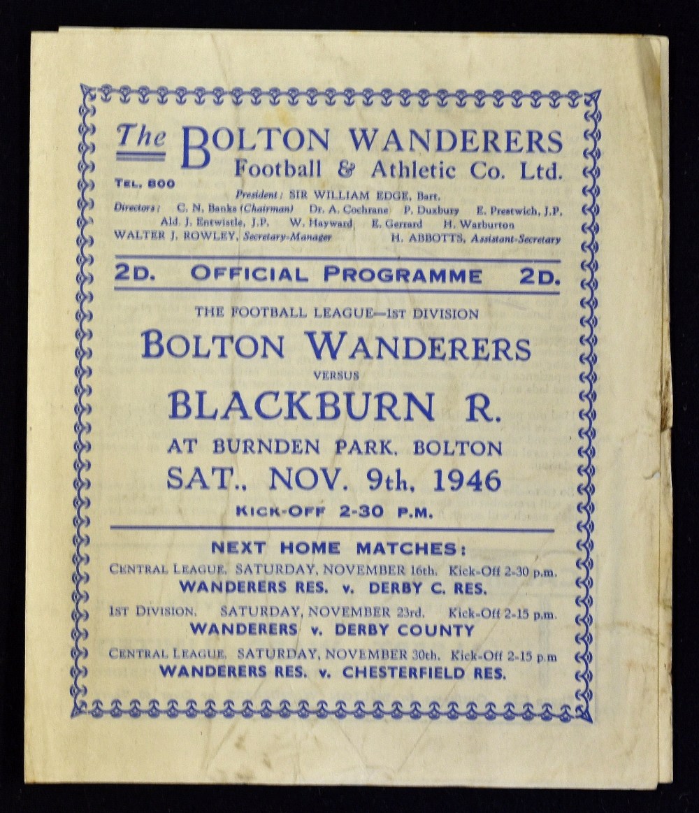 1946/1947 Bolton Wanderers v Blackburn Rovers programme 9 November 1946, fold out type. Fair-good.