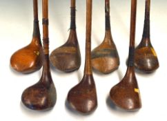 7x assorted woods: F A Parks bulldog baffy and driver, Gibson of Kinghorn Stella spoon with white