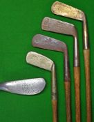 4x interesting putters and iron (5): Mills L model elongated alloy mallet head together with 2 metal