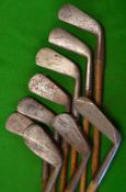 9x various golf clubs - T Tait cleek, Super mashie, mid iron, Stella Royal crown mashie niblick,