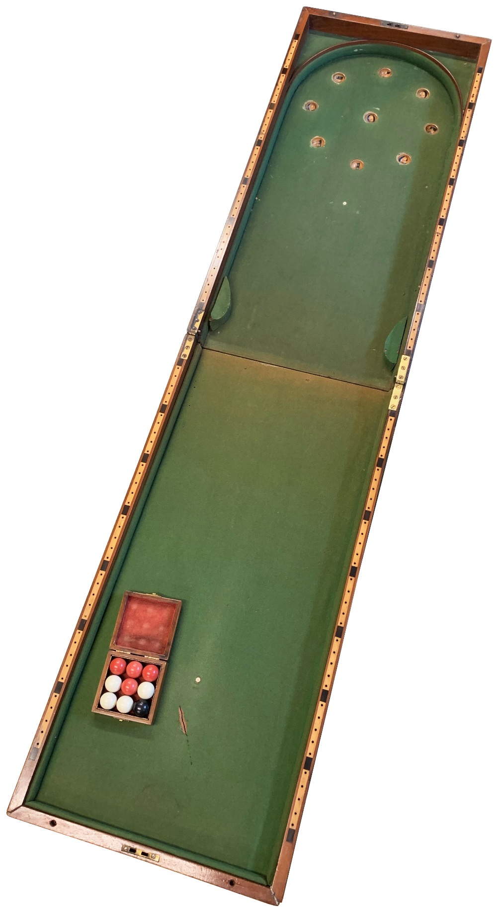 An antique mahogany folding "Bagatelle" board in original condition - baize covered base. box and