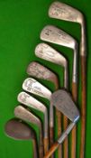 9x various irons- Sure Shot no. 3 iron; 2x Tom Stewart a driving mashie and niblick; 3x Hendry and
