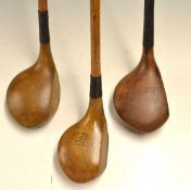 3x good size golfing woods incl 2x brassies by J Henderson York and a Forgan Crown model golden