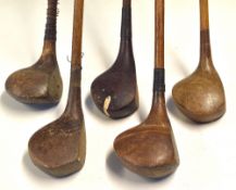 5x assorted woods: large head striped head spoon stamped F M Dean, Bulldog Baffy unnamed, 3