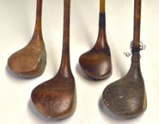 5x assorted woods: R Forgan of St. Andrews crown model driver, Light stained driver with a stainless