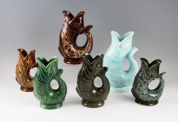 Selection of Gurgle Fish Jugs / Vases: To include 2x green Dartmouth 18cm high, 3x Foster Studio