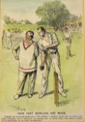 6x Hand Coloured 'Punch' Cricket Prints with How fast bowlers are made, and other comedy prints, all