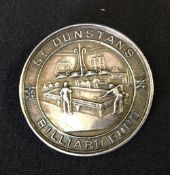 1923 Billiards Medal - St Dunstans Billiard Fund Silver Medal, the reverse engraved 'Won by J.