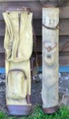 2x period hickory golf club bags - leather and canvas oval golf bag c/w travel hood (note one side