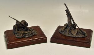 Country Pursuits - Shooting and Fishing - Pair of Brass Sculptures on wooden plaques, depicts a