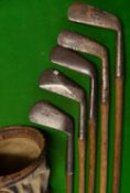 5x Alex Patrick Leven irons and golf bag - mashie, jigger, an iron, diamond back mid iron and an L