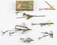 Assorted early bait mounts (5) - to incl 4x stamped Hardy, another in a H Moore box