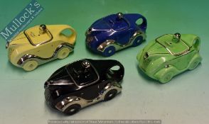 Vintage James Sadler ‘Racing Car’ Art Deco Teapots to include a yellow & chrome, green, black &