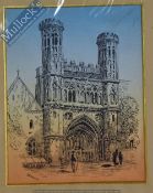 B Daynes Pen Drawing depicts Church frontage, two tone background, mounted measures 24x29cm
