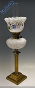 Brass Column and Glass Oil Lamp - E.J. Shaw to the dials, double burner, with a white cased glass