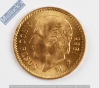 1955 Mexican 5 Pesos Gold coin: Weight (grams): 4.16 Pure gold Fineness: 900.0 Dimensions: 19mm
