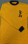 1970s Wolverhampton Wanderers Football Home Shirt with long sleeves, black collar and cuffs, ‘WW’
