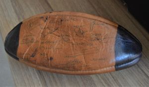 1986 France S Hemisphere tour signed Rugby Ball: 10” x 6” when fully inflated, miniature Adidas