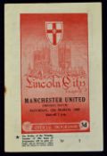 1954/1955 Lincoln City v Manchester Utd friendly football programme 12 March 1955 at Sincil Bank.