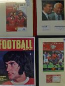 Collection of framed and glazed Manchester Utd football items to include 1998/1999 treble season v