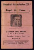 1944 FA XI v RAF Football Programme date 22 Jan at Ashton Gate Bristol, in aid of War Charities,
