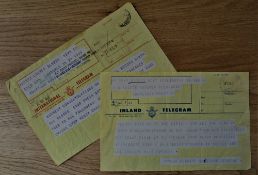 1967 NZ All Blacks UK Tour Congratulatory Rugby Telegrams (2): Two original telegram sheets, some
