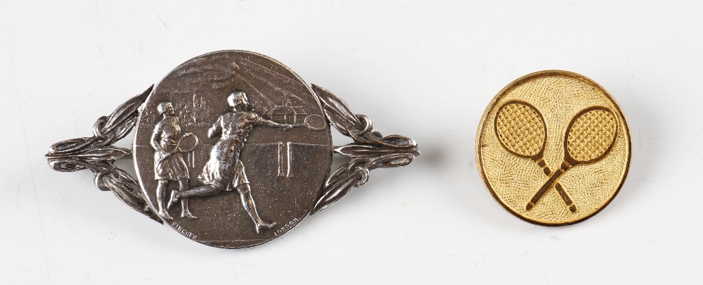 Silver Plated Tennis Brooch depicting two females playing tennis, and a gilt circular tennis