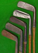 5x various putters – Thick brass blade guttie golf ball period putter stamped J Wisdens London c/w
