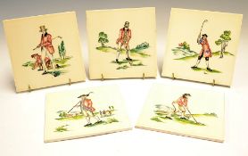 5x Pilkington Golfing Ceramic Wall tiles - each decorated with early golfing scenes – overall 6x6”